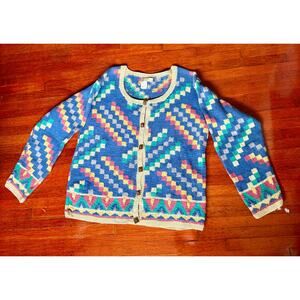 Vintage 80’s Territory Blue Pink Geometric Square Grandma Cardigan Sweater Med L
